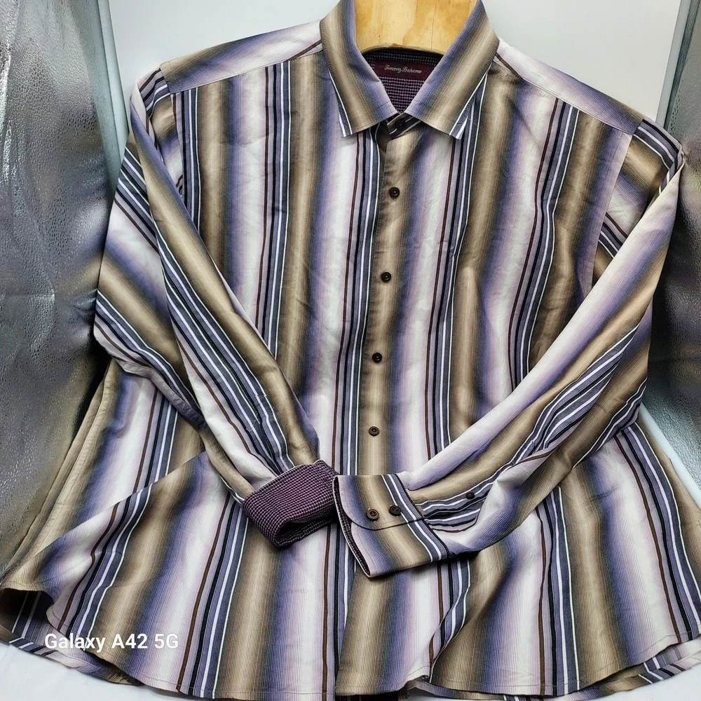 Tommy Bahama‎ XL Cotton Silk Striped Button Down Shirt - Purple Brown - Picture 7 of 9
